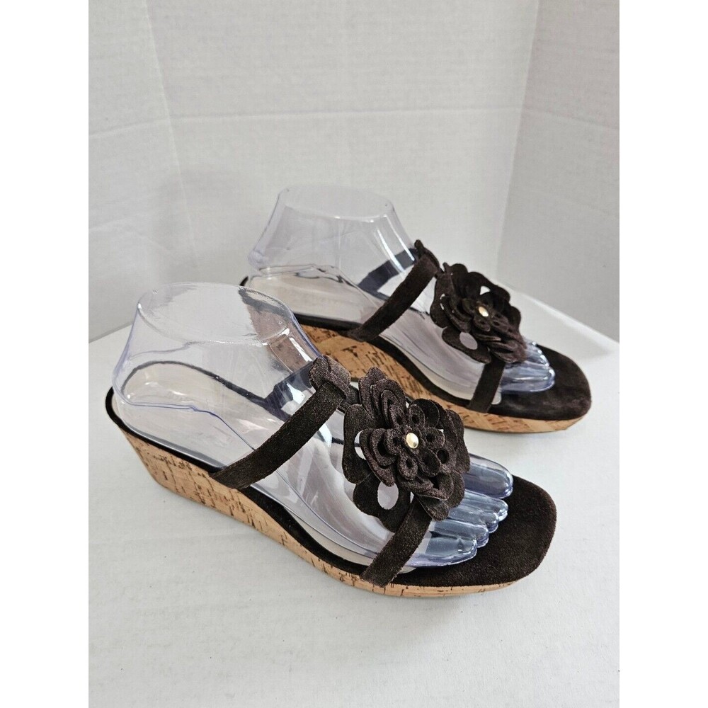 Nine West Brown Suede And Cork Thong Wedge Sandals Strappy With Flower Size 9